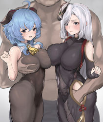 Rule 34 | 1boy, 2girls, absurdres, ahoge, arm up, bad id, bad pixiv id, bell, black legwear, blue eyes, blue hair, bodysuit, breast press, breasts, chroong, clothing cutout, ffm threesome, frown, ganyu (genshin impact), genshin impact, goat horns, grabbing, grabbing another&#039;s breast, gradient background, groping, group sex, hair between eyes, hair ornament, hand on another&#039;s thigh, hand under clothes, head out of frame, hetero, highres, horns, large breasts, long hair, looking at viewer, looking away, molestation, multiple girls, neck bell, netorare, open mouth, pantyhose, pimp, purple eyes, shenhe (genshin impact), shoulder cutout, silver hair, standing, swept bangs, symmetrical docking, tears, threesome, waist cutout