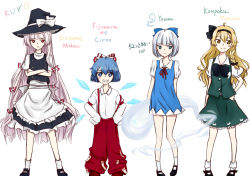 Rule 34 | 4girls, blonde hair, blue eyes, blue hair, bow, braid, character name, cirno, cirno (cosplay), cosplay, costume switch, dress, fujiwara no mokou, fujiwara no mokou (cosplay), grin, hair bow, hairband, hat, hat bow, ice, kirisame marisa, kirisame marisa (cosplay), konpaku youmu, konpaku youmu (cosplay), konpaku youmu (ghost), kuro (blackxiaoheikuro), kuro (pixiv4305520), long hair, multiple girls, oversized clothes, pants, red eyes, short hair, silver hair, skirt, smile, suspenders, text focus, touhou, undersized clothes, very long hair, wings, witch hat, yellow eyes