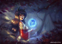 Rule 34 | 1girl, ahri (league of legends), animal ears, bare shoulders, black hair, breasts, brown eyes, david pan, detached sleeves, facial mark, fingernails, forest, fox ears, fox tail, korean clothes, league of legends, lips, lipstick, long hair, low-tied long hair, makeup, medium breasts, nature, nose, orb, sharp fingernails, signature, slit pupils, solo, tail, whisker markings