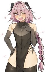 Rule 34 | 1boy, astolfo (fate), black dress, black gloves, black thighhighs, blush, bow, braid, braided ponytail, bulge, cowboy shot, dress, elbow gloves, fang, fate/grand order, fate (series), gloves, hair bow, hair intakes, hand on own chest, heart, highres, looking at viewer, male focus, multicolored hair, nabibutter, one eye closed, open mouth, panties, pink hair, side-tie panties, simple background, streaked hair, sweatdrop, thighhighs, thong, trap, underwear, wide hips, wink
