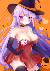 Rule 34 | 1girl, alternate costume, azur lane, bad id, bad pixiv id, bare shoulders, black choker, black gloves, black hat, black thighhighs, blush, breasts, candy, choker, collarbone, commentary request, covered navel, dress, elbow gloves, food, frilled dress, frills, gloves, halloween, halloween bucket, hat, heart, highres, hinanosuke, holding, holding candy, holding food, holding lollipop, large breasts, lollipop, long hair, nipple slip, nipples, one side up, orange background, parted lips, pleated dress, purple eyes, purple hair, red dress, sidelocks, solo, strapless, strapless dress, swirl lollipop, thighhighs, unicorn (azur lane), very long hair, witch hat