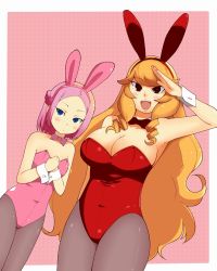 Rule 34 | 2girls, animal ears, armpits, bare shoulders, blonde hair, blue eyes, blush, bow, bowtie, breasts, rabbit ears, cleavage, detached collar, drill hair, dutch angle, fake animal ears, female focus, flat chest, hand on own chest, happy, huge breasts, large breasts, long hair, looking at viewer, momo (fruits box), multiple girls, oozora kiku, oozora momo, otenki studio, pantyhose, pink hair, playboy bunny, red eyes, salute, short hair, shy, smile, twin drills, wrist cuffs