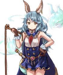 Rule 34 | 10s, 1girl, animal ears, armpits, baram, bare shoulders, belt, blue hair, blue skirt, breasts, brown eyes, brown gloves, cape, cowboy shot, erune, ferry (granblue fantasy), gloves, granblue fantasy, hand on own hip, high-waist skirt, long hair, looking at viewer, neck ribbon, parted lips, ribbon, sideboob, skirt, sleeveless, small breasts, solo, swept bangs, triangle mouth, wavy hair, whip
