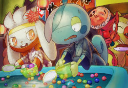 Rule 34 | black eyes, bowl, bright pupils, candy apple, clothed pokemon, commentary request, creatures (company), drizzile, closed eyes, fang, food, game freak, gen 8 pokemon, holding, holding stick, japanese clothes, kimono, lantern, looking down, mask, mask on head, morgrem, nintendo, no humans, open mouth, orange eyes, paper lantern, poi (goldfish scoop), pokemon, pokemon (creature), purobe, raboot, smile, stick, sweatdrop, teeth, thwackey, undershirt, upper teeth only, water, white pupils