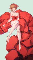 Rule 34 | 10s, 1girl, arms at sides, bare legs, bare shoulders, blue background, breasts, brown eyes, brown hair, cleavage, collarbone, dress, flats, flipped hair, flower, full body, gown, hair flower, hair ornament, hairband, head tilt, highres, kantai collection, labombardier!, looking at viewer, mutsu (kancolle), no bra, no socks, red dress, red footwear, shoes, short hair, simple background, sleeveless, sleeveless dress, smile, solo