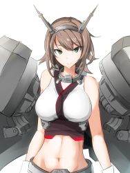 Rule 34 | 10s, 1girl, abs, absurdres, bad id, bad pixiv id, breasts, brown hair, closed mouth, commentary, crop top, gloves, green eyes, hairband, headgear, highres, kagerou (gigayasoma), kantai collection, large breasts, looking at viewer, midriff, mutsu (kancolle), navel, rigging, shirt, short hair, simple background, sleeveless, sleeveless shirt, smile, solo, tsurime, white background, white gloves