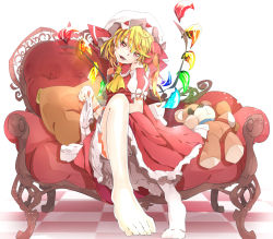 Rule 34 | 1girl, adapted costume, ascot, asymmetrical hair, asymmetrical wings, bare legs, bare shoulders, barefoot, blonde hair, bloomers, bow, colored eyelashes, colorized, crossed legs, detached sleeves, dress, feet, flandre scarlet, hair bow, hair ribbon, hat, highres, ichirugi, looking at viewer, mob cap, open mouth, puffy short sleeves, puffy sleeves, red dress, red eyes, ribbon, short sleeves, side ponytail, single thighhigh, sitting, solo, thighhighs, thighs, touhou, underwear, white thighhighs, wings