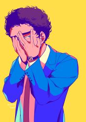 Rule 34 | 1boy, absurdres, artist name, black hair, blue eyes, blue suit, dated, formal, hands up, highres, kani6850, long sleeves, male focus, nanba mutta, necktie, peeking through fingers, red necktie, short hair, simple background, solo, standing, suit, uchuu kyoudai, upper body, watch, wristwatch, yellow background