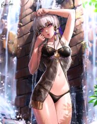Rule 34 | 1girl, alternate costume, arm up, armpits, bikini, black bikini, breasts, chemise, commentary, cowboy shot, esther shen, fire emblem, fire emblem: three houses, hand up, long hair, looking at viewer, lysithea von ordelia, medium breasts, navel, nintendo, parted lips, purple eyes, revision, solo, standing, stomach, swimsuit, thighs, white hair