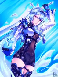 Rule 34 | 1girl, alina l, arm up, black gloves, black leotard, black thighhighs, blue hair, cape, claymore (sword), commentary, english commentary, eula (genshin impact), genshin impact, gloves, greatsword, hair between eyes, hair ornament, hairband, highres, holding, holding sword, holding weapon, ice crystal, leotard, long hair, long sleeves, looking at viewer, necktie, orange eyes, parted lips, sidelocks, signature, smile, solo, sword, thighhighs, twitter username, vision (genshin impact), weapon, zettai ryouiki