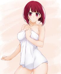 Rule 34 | 1girl, arima kana, bare arms, bare shoulders, blush, closed mouth, collarbone, commentary request, gluteal fold, hand up, hinata masaki, looking at viewer, naked towel, oshi no ko, red eyes, red hair, short hair, solo, towel