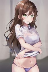 Rule 34 | 1girl, absurdres, bang dream!, blush, bra, brown hair, collared shirt, crossed arms, green eyes, grey background, groin, hair tie, hair tie in mouth, highres, imai lisa, long hair, looking at viewer, mia (fai1510), mouth hold, navel, panties, purple panties, see-through, shirt, short sleeves, smile, solo, stomach, underwear, undressing, wet, wet clothes, wet hair, wet shirt, white shirt