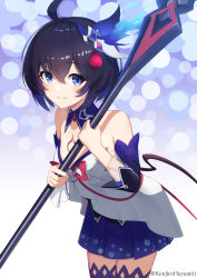 Rule 34 | 1girl, ahoge, bare shoulders, blue eyes, blue hair, blue thighhighs, bob cut, closed mouth, dress, hair ornament, highres, holding, holding scythe, holding weapon, honkai (series), honkai impact 3rd, kenjirohayamiti, looking at viewer, off-shoulder dress, off shoulder, purple background, scythe, seele vollerei, seele vollerei (swallowtail phantasm), short hair, smile, solo, tattoo, thighhighs, weapon, white dress, white sleeves