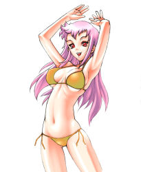 Rule 34 | 1girl, armpits, arms up, bikini, breasts, large breasts, long hair, murazono, original, pink hair, red eyes, solo, swimsuit, underboob