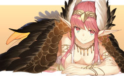 Rule 34 | 1girl, amagasa yun, bangle, bare shoulders, blue eyes, bracelet, breasts, brown background, brown wings, circe (fate), closed mouth, commentary request, dress, eyebrows hidden by hair, fate/grand order, fate (series), feathered wings, head wings, headpiece, jewelry, long hair, multicolored eyes, pink hair, pointy ears, red eyes, sleeveless, sleeveless dress, small breasts, smile, solo, two-tone background, white background, white dress, white wings, wings