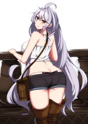 Rule 34 | 10s, 1girl, ahoge, alternate costume, ass, bare shoulders, braid, butt crack, casual, contemporary, crop top, denim, denim shorts, from behind, gluteal fold, granblue fantasy, hair between eyes, highres, long hair, looking at viewer, midriff, oogatazin, pantylines, shorts, silva (granblue fantasy), silver hair, smile, solo, twin braids, very long hair, whale tail (clothing), yellow eyes