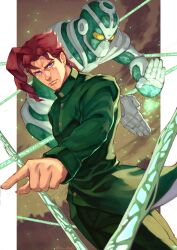 Rule 34 | 1boy, blue eyes, closed mouth, coat, commentary request, earrings, green coat, green pants, hierophant green, highres, jewelry, jojo no kimyou na bouken, kakyoin noriaki, long hair, long sleeves, looking at viewer, male focus, pants, pointing, pointing forward, red hair, scar, scar across eye, school uniform, shikabane (draw tadao14), signature, stand (jojo), standing, stardust crusaders