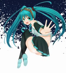 Rule 34 | 1girl, aqua eyes, aqua hair, ass, black thighhighs, blush, boots, commentary request, detached sleeves, from behind, goggles, goggles on head, hatsune miku, long hair, looking at viewer, looking back, necktie, no panties, open mouth, ratsuku kinoko, skirt, sleeveless, smile, solo, thigh boots, thighhighs, twintails, very long hair, vocaloid, w