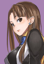 Rule 34 | 1girl, ace attorney, brown eyes, brown hair, capcom, magatama, mia fey, nagase haruhito, purple background, simple background, solo