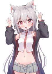 Rule 34 | 1girl, animal ear fluff, animal ears, arms up, black coat, blush, breasts, cat ears, coat, crop top, grey hair, grey skirt, groin, highres, long hair, miniskirt, navel, necktie, no panties, off shoulder, open clothes, open coat, open mouth, original, pleated skirt, red eyes, red necktie, shirt, simple background, siragagaga, skirt, sleeveless, sleeveless shirt, small breasts, solo, stomach, very long hair, white background, white shirt
