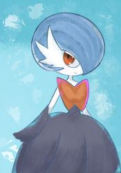 Rule 34 | 1girl, alternate color, arms at sides, bare shoulders, black dress, black gloves, blue background, blue hair, bob cut, chiizuhanpen, closed mouth, colored skin, creatures (company), dress, female focus, flat chest, game freak, gardevoir, gen 3 pokemon, gloves, hair over one eye, highres, looking to the side, mega gardevoir, mega pokemon, nintendo, one eye covered, pokemon, pokemon (creature), red eyes, shiny pokemon, short hair, simple background, smile, solo, standing, strapless, strapless dress, white skin