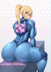 Rule 34 | 1girl, ass, blonde hair, blue bodysuit, blue eyes, bodysuit, breasts, from behind, huge ass, huge breasts, long hair, looking back, metroid, mole, mole under mouth, nintendo, ponytail, samus aran, sitting, skin tight, smile, solo, thick thighs, thighs, vicsenpai, white background, wide hips, zero suit