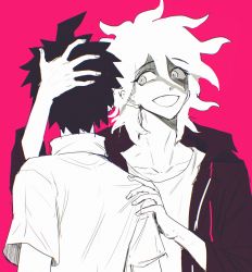 Rule 34 | 2boys, akiko 141, black jacket, collarbone, commentary request, danganronpa (series), danganronpa 2: goodbye despair, hair between eyes, hand on another&#039;s head, hand on another&#039;s shoulder, highres, hinata hajime, jacket, komaeda nagito, long sleeves, looking at another, male focus, multiple boys, open clothes, open jacket, open mouth, pink background, red background, shaded face, shirt, short hair, short sleeves, simple background, smile, spiked hair, upper body, yaoi