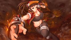 Rule 34 | 1girl, black pants, brass knuckles, breasts, brown background, brown hair, cleavage, clenched hand, closed mouth, collarbone, cropped jacket, embers, female focus, furrowed brow, hair through headwear, highres, jacket, large breasts, leg lift, long hair, looking at viewer, maplestory, maplestory 2, midriff, navel, pants, ponytail, queasy s, red eyes, red headwear, red jacket, running, scar, smile, solo, strapless, striker (maplestory 2), tube top, twitter username, weapon