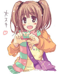 Rule 34 | 00s, 1girl, brown eyes, brown hair, hamayumiba sou, heart, heart hands, idolmaster, idolmaster (classic), idolmaster 1, lowres, open mouth, raglan sleeves, scarf, solo, striped clothes, striped scarf, takatsuki yayoi, twintails, upper body