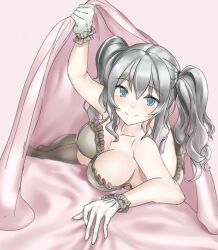 Rule 34 | 1girl, absurdres, black thighhighs, blanket, blue eyes, bra, breasts, cleavage, commentary request, commission, frilled bra, frilled gloves, frills, gloves, grey bra, grey hair, highres, kantai collection, kashima (kancolle), large breasts, lying, meru-chan, on side, sidelocks, skeb commission, smile, solo, thighhighs, twintails, under covers, underwear, underwear only, wavy hair, white gloves