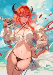 Rule 34 | 1girl, arknights, bikini, blue sky, breasts, cleavage, cloud, commentary request, cowboy shot, day, hair between eyes, hair intakes, hair ornament, hair rings, highres, horns, lack, large breasts, long sleeves, navel, partial commentary, purple eyes, red hair, side-tie bikini bottom, sky, solo, standing, star (symbol), star hair ornament, stomach, surtr (arknights), surtr (colorful wonderland) (arknights), swimsuit, thighs