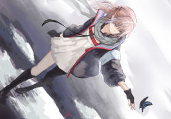 Rule 34 | 1girl, black gloves, blue eyes, buckle, bug, butterfly, butterly, closed mouth, collarbone, dress, fingerless gloves, floating hair, girls&#039; frontline, gloves, hair between eyes, hair ornament, insect, jacket, looking at viewer, looking away, mid-stride, multicolored hair, one side up, outstretched arm, pink hair, scarf, setsuka (okuna sin), side ponytail, sidelocks, signature, single thighhigh, solo, st ar-15 (girls&#039; frontline), streaked hair, thighhighs, thighs, walking, wind