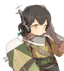 Rule 34 | 1girl, alchera, black hair, brown eyes, commentary, flight deck, gloves, grey gloves, headset, kantai collection, kasuga maru (kancolle), short ponytail, simple background, solo, taiyou (kancolle), upper body, white background