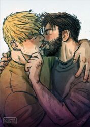 Rule 34 | 2boys, aged up, alternate facial hair, arm hair, bara, beard, black hair, blonde hair, blush, candy, closed eyes, couple, cris art, earrings, facial hair, food, from side, hand on another&#039;s back, hand on another&#039;s shoulder, holding, holding candy, holding food, holding lollipop, hug, hulkling, jewelry, kiss, lollipop, male focus, marvel, mature male, multiple boys, muscular, muscular male, mustache, shared food, short hair, sideburns, source request, stubble, thick eyebrows, third-party source, upper body, wiccan, yaoi