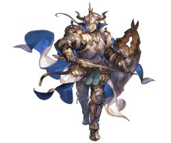 Rule 34 | 10s, 1boy, armor, armored boots, baotorda, blonde hair, blue eyes, boots, cape, draph, full body, gauntlets, gloves, granblue fantasy, helmet, horns, male focus, minaba hideo, shield, solo, sword, transparent background, weapon
