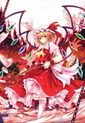 Rule 34 | 1girl, ascot, bird, blonde hair, chain, dove, dress, flandre scarlet, hat, jianren, laevatein, looking at viewer, red dress, red eyes, revision, short hair, side ponytail, solo, touhou, wings, wrist cuffs