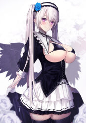 Rule 34 | 1girl, bikini, black bikini, black thighhighs, blush, breasts, breasts out, feathered wings, flower, gloves, hair flower, hair ornament, hairband, half gloves, highres, large breasts, layered skirt, long hair, looking at viewer, low wings, mole, mole on breast, original, purple eyes, silver hair, skirt, smile, solo, swimsuit, thighhighs, untue, white gloves, white skirt, wings, zettai ryouiki