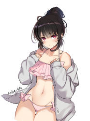 Rule 34 | 1girl, :t, absurdres, ahoge, bare shoulders, bikini, black choker, black hair, choker, counter:side, cowboy shot, frilled bikini, frills, grey jacket, groin, halterneck, hands on own chest, highres, jacket, long hair, long sleeves, looking at viewer, maett, navel, off shoulder, open clothes, open jacket, pink bikini, pout, red eyes, side-tie bikini bottom, simple background, solo, stomach, string bikini, sweatdrop, swimsuit, thigh gap, white background, white bikini, xiao lin (counter:side)