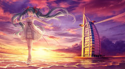 Rule 34 | 1girl, bare arms, bare shoulders, barefoot, beach, blue hair, bow, burj al arab, cloud, contrail, dress, closed eyes, floating hair, hair bow, hatsune miku, long hair, long legs, ocean, outstretched arms, real world location, see-through, see-through silhouette, sky, sleeveless, sleeveless dress, solo, spread arms, sunset, tidsean, twintails, very long hair, vocaloid, wading, walking, water, waves, white dress, wind