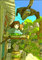 Rule 34 | 2girls, aircraft, balcony, blonde hair, brown hair, city, clothesline, cup, flower, laundry, lying, multiple girls, on stomach, plant, potted plant, short hair, sino (rtlsino), sky, train