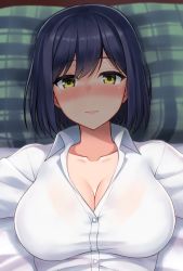 Rule 34 | 1girl, bed, bed sheet, black hair, blush, breasts, buttons, cleavage, collarbone, collared shirt, hormone koijirou, large breasts, light smile, lips, long sleeves, looking at viewer, nijisanji, pillow, shirt, shizuka rin, short hair, smile, solo, upper body, virtual youtuber, white shirt, yellow eyes