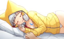 Rule 34 | 1boy, 1girl, alten, animal ears, animal hood, bed, blunt bangs, cat ears, chest jewel, closed eyes, collarbone, commentary, core crystal (xenoblade), english commentary, facial mark, grey hair, hair ribbon, head on pillow, highres, holding hands, hood, hood up, hooded jacket, jacket, jewelry, long sleeves, lying, nia (xenoblade), on bed, on side, open mouth, panties, pov, ribbon, ring, short hair, sleeping, tress ribbon, underwear, wedding ring, white panties, xenoblade chronicles (series), xenoblade chronicles 2, yellow jacket, zipper pull tab