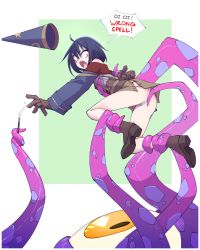Rule 34 | 1girl, absurdres, ahoge, arm behind back, ass, bare shoulders, black hair, boots, borrowed character, brown footwear, brown gloves, commentary, english commentary, english text, full body, gloves, highres, holding, holding wand, long sleeves, off shoulder, open mouth, original, panties, purple eyes, restrained, short hair, solo, speech bubble, surprised, teeth, tentacles, underwear, unhinged, upper teeth only, wand, white panties