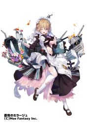 Rule 34 | 1girl, apron, azu-taro, black dress, black footwear, blonde hair, blue eyes, breasts, cannon, damaged, dress, flag print, flower, flower request, gloves, holding, large breasts, long sleeves, looking at viewer, maid, maid headdress, mary janes, navel, official art, one eye closed, pantyhose, puffy long sleeves, puffy sleeves, red flower, shoes, shropshire (steelblue mirage), simple background, solo, steelblue mirage, torn clothes, torn pantyhose, underboob, union jack, white apron, white background, white gloves, white pantyhose, wince, yellow flower