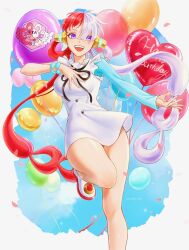 Rule 34 | 1girl, balloon, dcdc 28h, dress, hair rings, happy birthday, highres, multicolored hair, one piece, purple eyes, ribbon, single sleeve, smile, solo, standing, standing on one leg, twintails, two-tone hair, uta (one piece), white dress