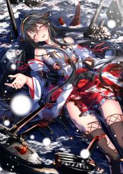 Rule 34 | 10s, 1girl, black hair, blush, boots, breasts, budget sarashi, burnt clothes, closed eyes, cowboy shot, damaged, detached sleeves, dutch angle, facing viewer, frilled skirt, frills, hair ornament, hairclip, haruna (kancolle), headgear, highres, kantai collection, large breasts, long hair, long legs, lying, lying on water, miniskirt, nontraditional miko, on back, open mouth, outdoors, partially submerged, pleated skirt, ribbon-trimmed sleeves, ribbon trim, sarashi, skirt, smile, solo, swordsouls, thigh boots, thighhighs, torn clothes, torn skirt, wreckage