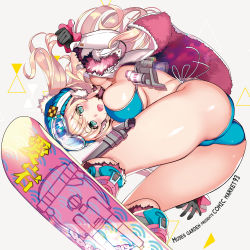 Rule 34 | 1girl, ass, atago (kancolle), beanie, bikini, bikini under clothes, blonde hair, blue bikini, blue eyes, blush, breasts, character name, coat, goggles, goggles on head, hat, hayakawa akari, jacket, kantai collection, large breasts, long hair, looking at viewer, open clothes, open coat, open mouth, side-tie bikini bottom, snowboard, solo, swimsuit, swimsuit under clothes, thighs, white jacket