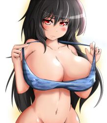Rule 34 | artist request, black hair, blush, bottomless, bra, breasts, cleavage, covered erect nipples, groin, hip focus, huge breasts, lingerie, long hair, midriff, navel, red eyes, tagme, underwear, wide hips