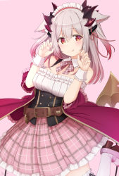 Rule 34 | 1girl, nanashi inc., :p, animal ear fluff, animal ears, bare shoulders, basa rutan, blush, bow, breasts, brown footwear, cleavage, closed mouth, collar, commentary request, demon tail, detached collar, frilled skirt, frills, gradient hair, grey hair, hands up, highres, honey strap, medium breasts, multicolored hair, off-shoulder shirt, off shoulder, pink background, pink bow, pink skirt, plaid, plaid bow, plaid skirt, platform footwear, pleated skirt, red eyes, red hair, red ribbon, ribbon, shirt, simple background, skirt, smile, solo, standing, standing on one leg, suou patra, tail, thighhighs, tongue, tongue out, virtual youtuber, white collar, white shirt, white thighhighs, wing collar, wrist cuffs