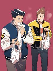 Rule 34 | 2boys, ace attorney, alternate costume, bag, baozi, beard, black hair, bomber jacket, brown hair, eating, facial hair, food, grey pants, grin, holding, holding bag, holding food, jacket, larry butz, long sleeves, looking at another, male focus, multicolored clothes, multicolored jacket, multiple boys, open clothes, open jacket, pants, phoenix wright, red background, shirt, shopping bag, short hair, simple background, smile, spiked hair, standing, steam, taba (tb gya), two-tone jacket